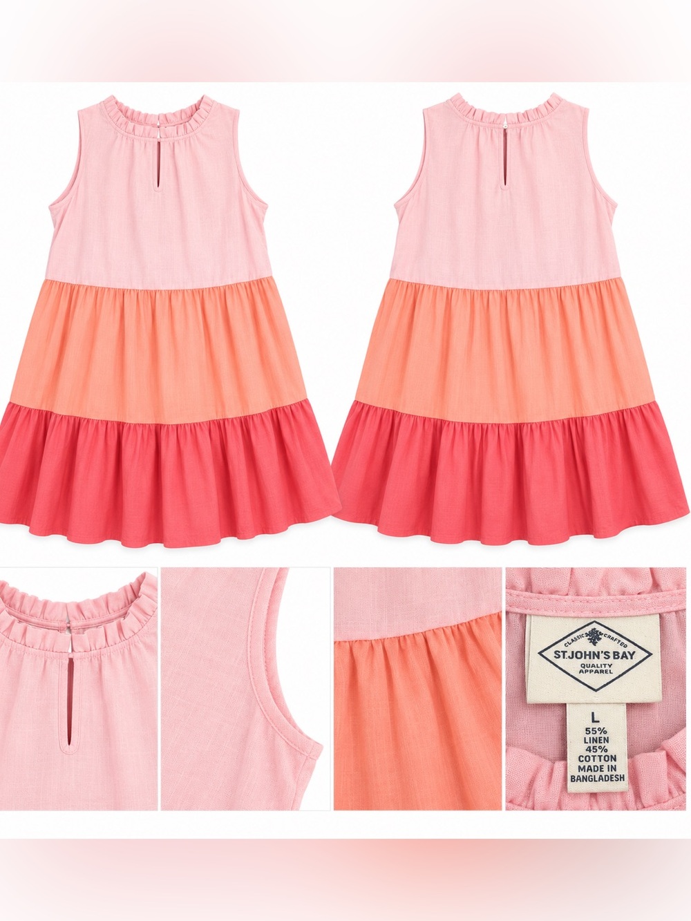 St. John’s Bay Linen Cotton Colorblock Tiered Dress Pink L